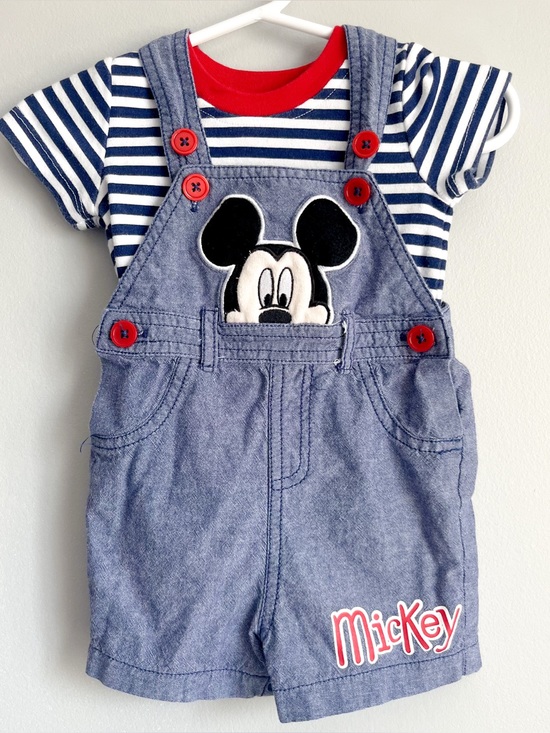 Disney Other - Disney Baby Mickey Mouse shortalls overalls striped tshirt size 3-6 months